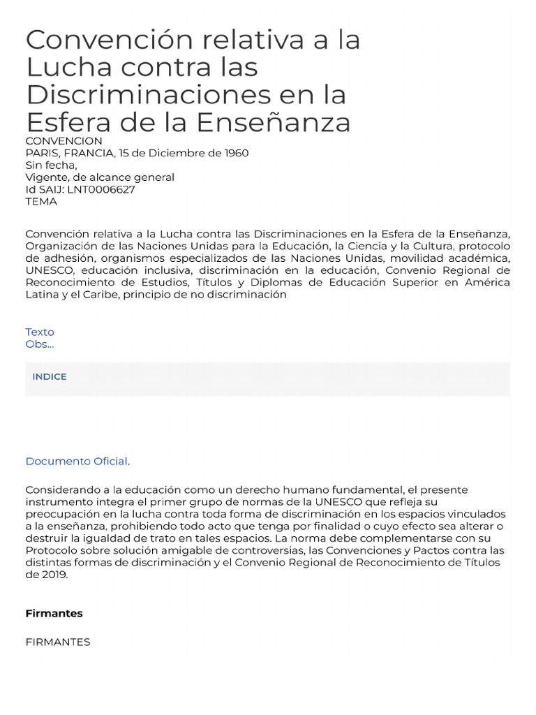 Convención Relativa A La Lucha Contra Las Discriminaciones en La Esfera ...
