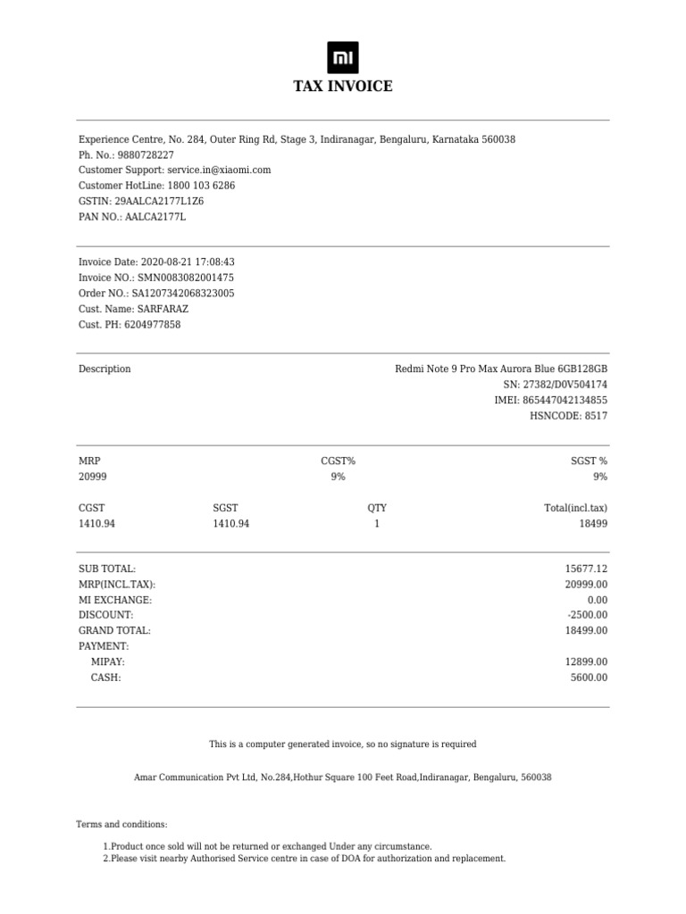 Mi Store Invoice - Indiranagar | PDF