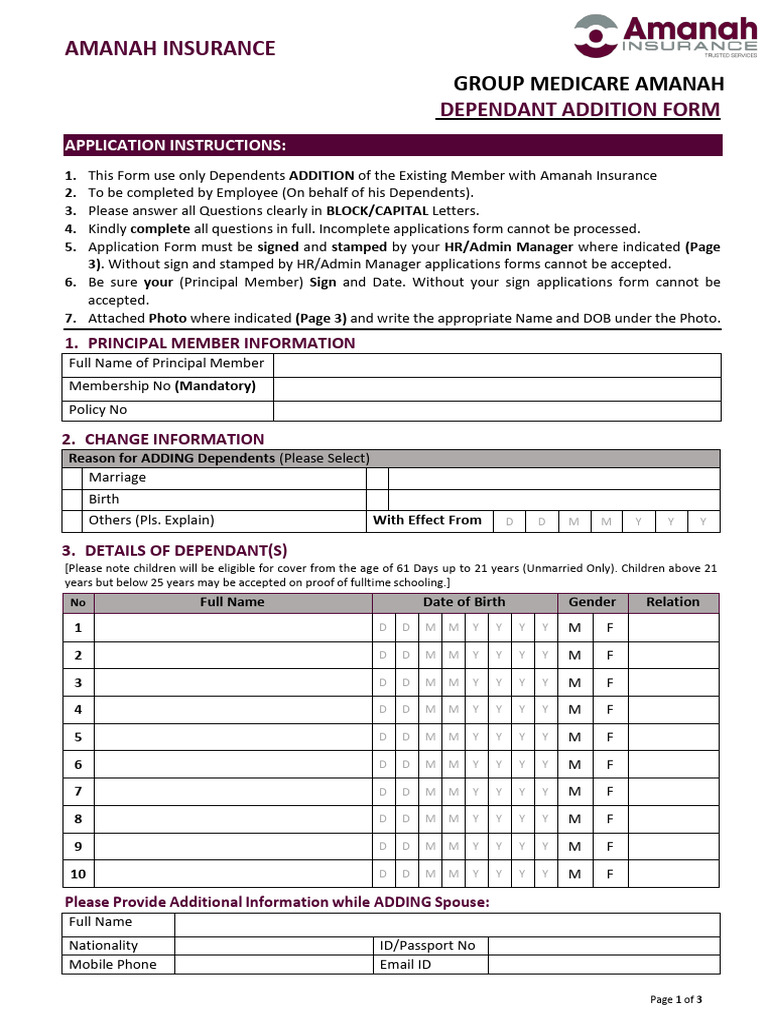 Dependent Addition Form Instructions | PDF | Cancer | Respiratory Diseases