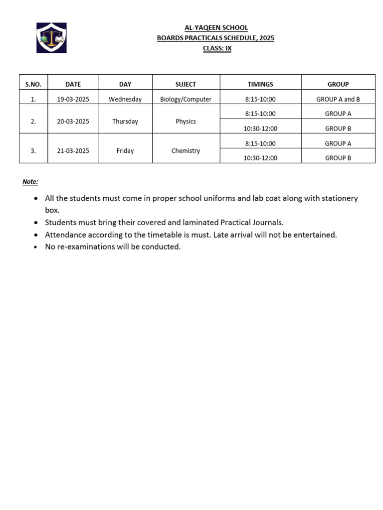 Al-Yaqeen School IX Practical Schedule 2025 | PDF