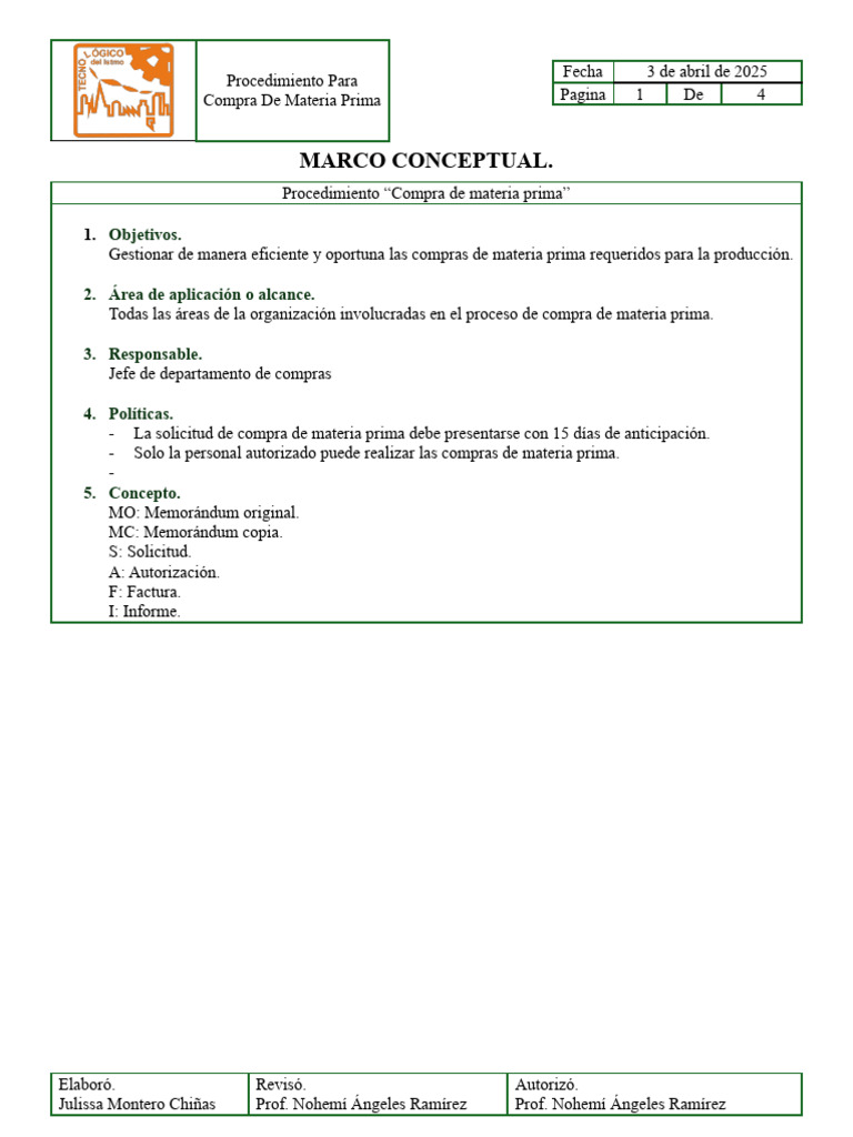 Procedimiento de Compra de Materia Prima | PDF