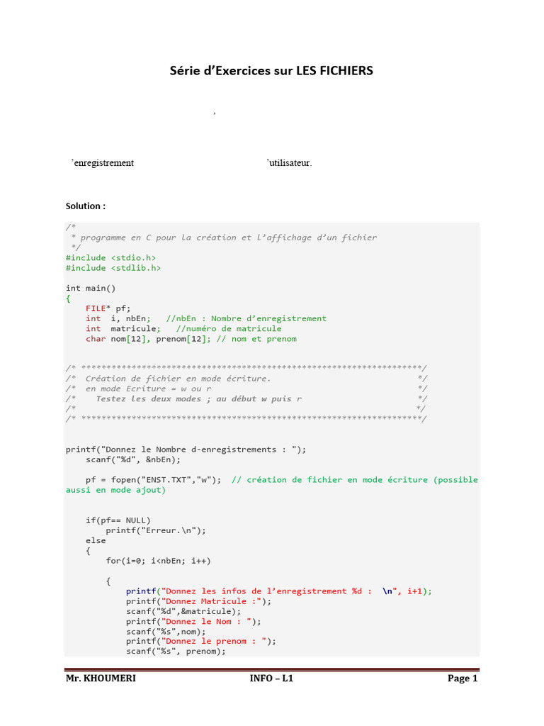 Création et gestion de fichiers en C | PDF | Informatique ...