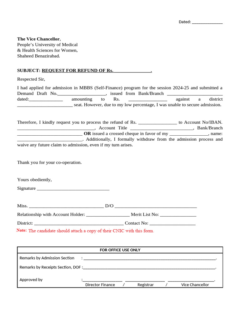 Refund Request for MBBS Admission Fee | PDF