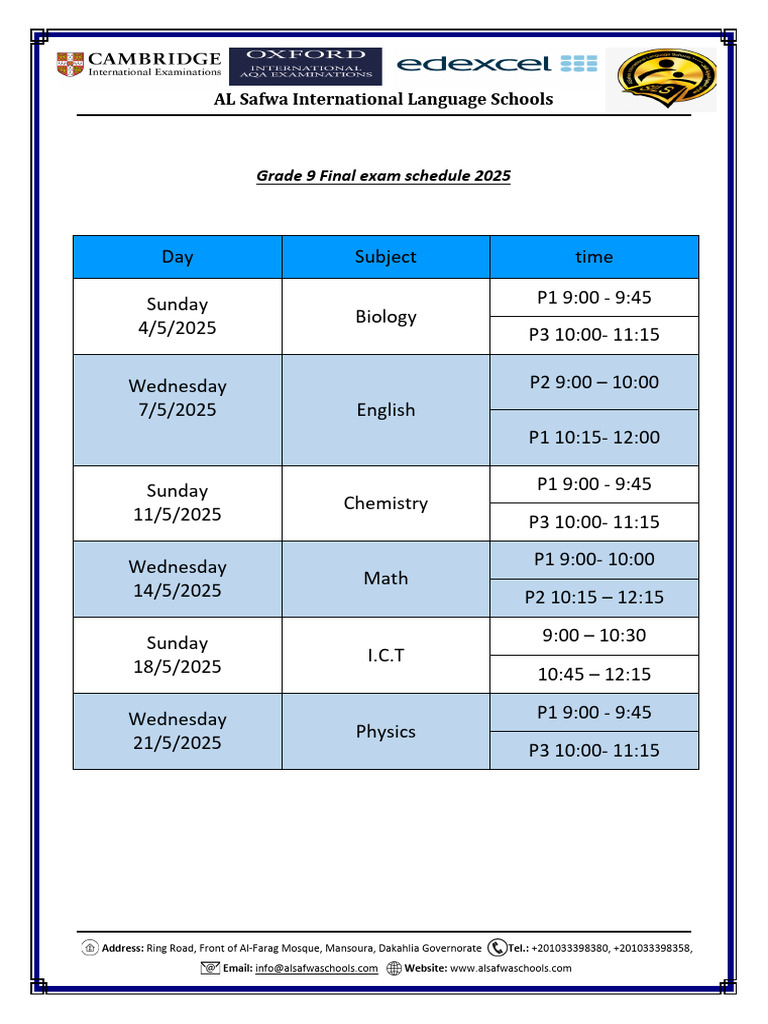 Grade 9 Final Timetable Pdf