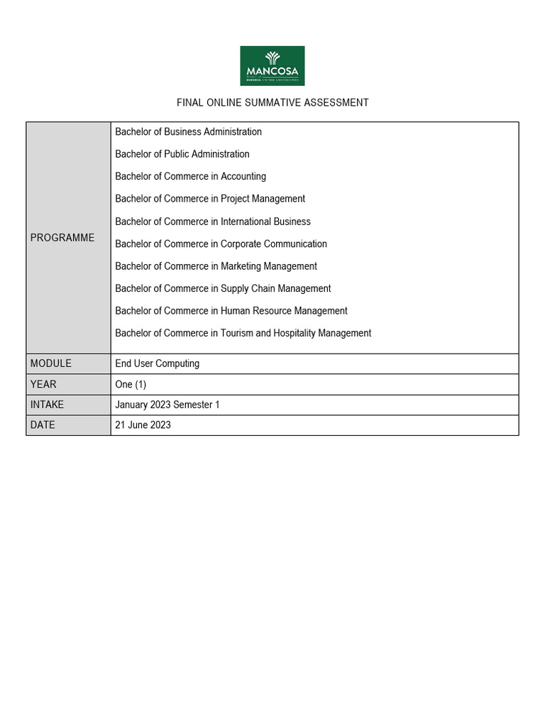 BBA Online Assessment: End User Computing | PDF | Microsoft Excel ...