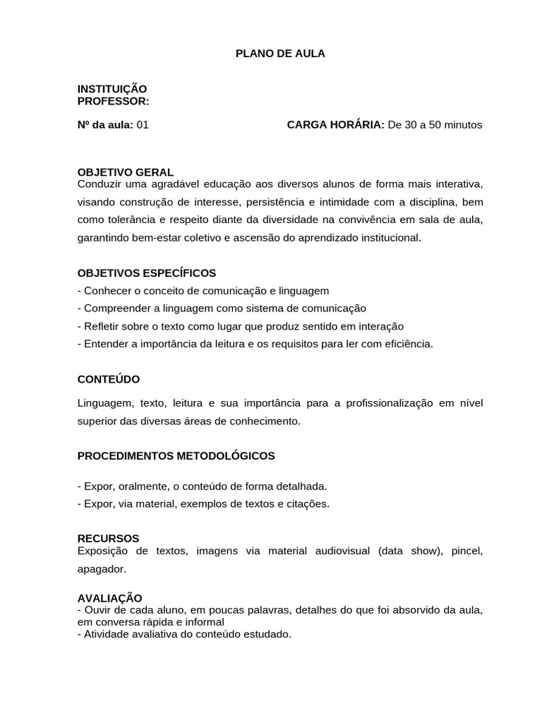 Plano de Aula: Linguagem e Leitura | PDF