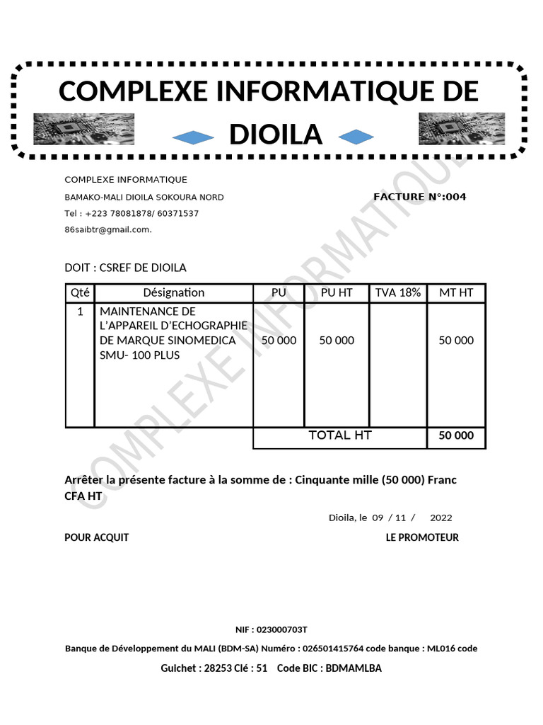 Factures de maintenance informatique à Dioila | PDF | Taxe sur la ...