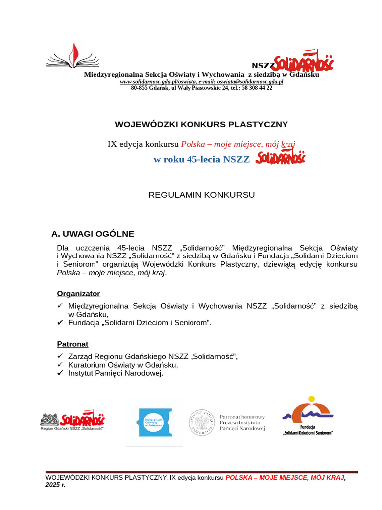 Regulamin Konkursu Plastycznego 2025 Popr 5 III | PDF
