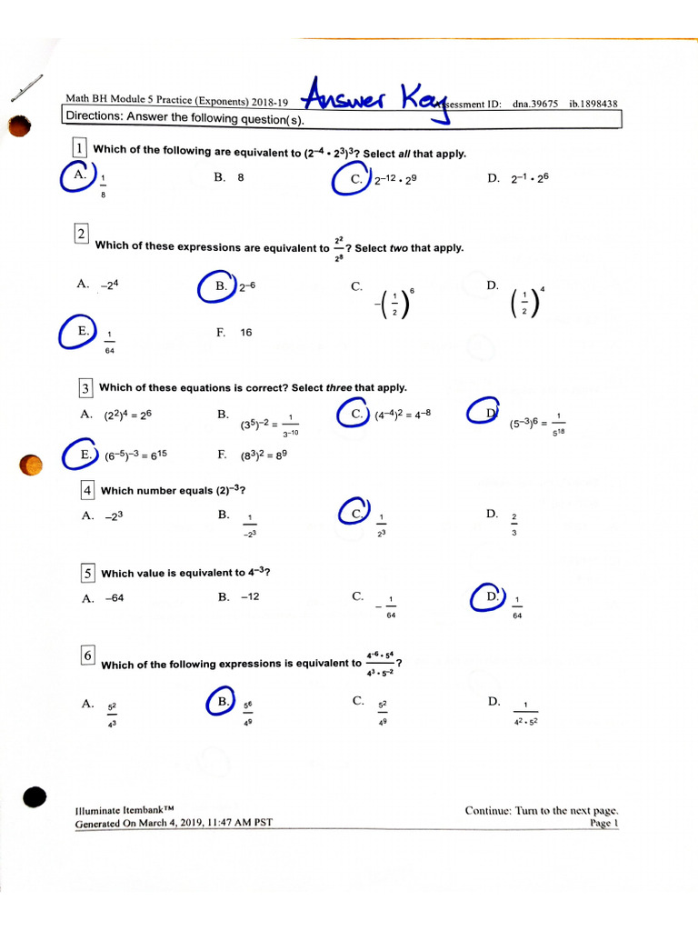 Exponent Review Key | PDF