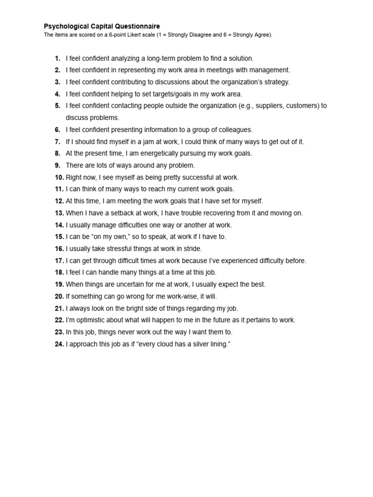 Psychological Capital Questionnaire Guide | PDF