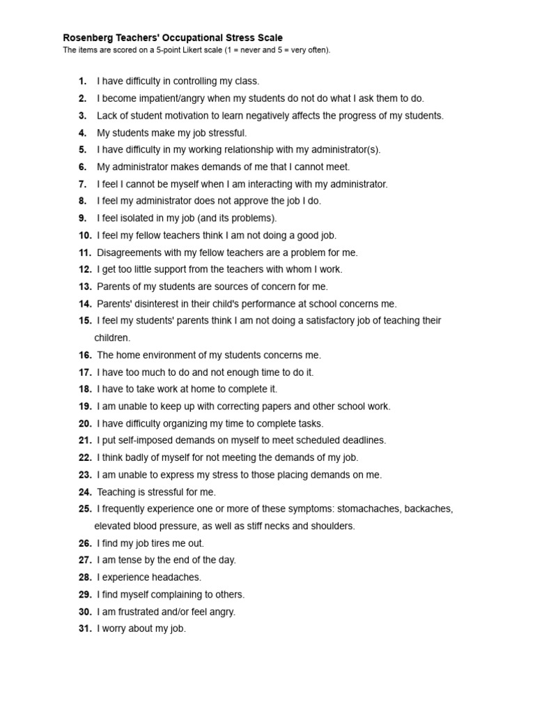 Teacher Occupational Stress Scale | PDF | Mental Health | Psychology