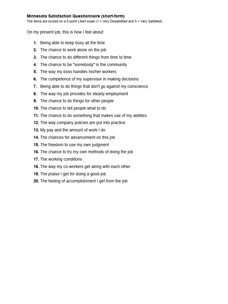 Minnesota Satisfaction Questionnaire Short Form | PDF