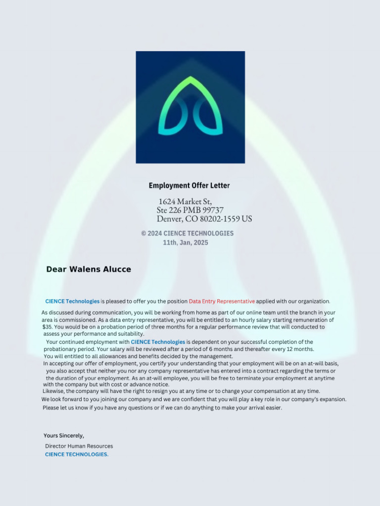 Walens Employment Offer Letter | PDF