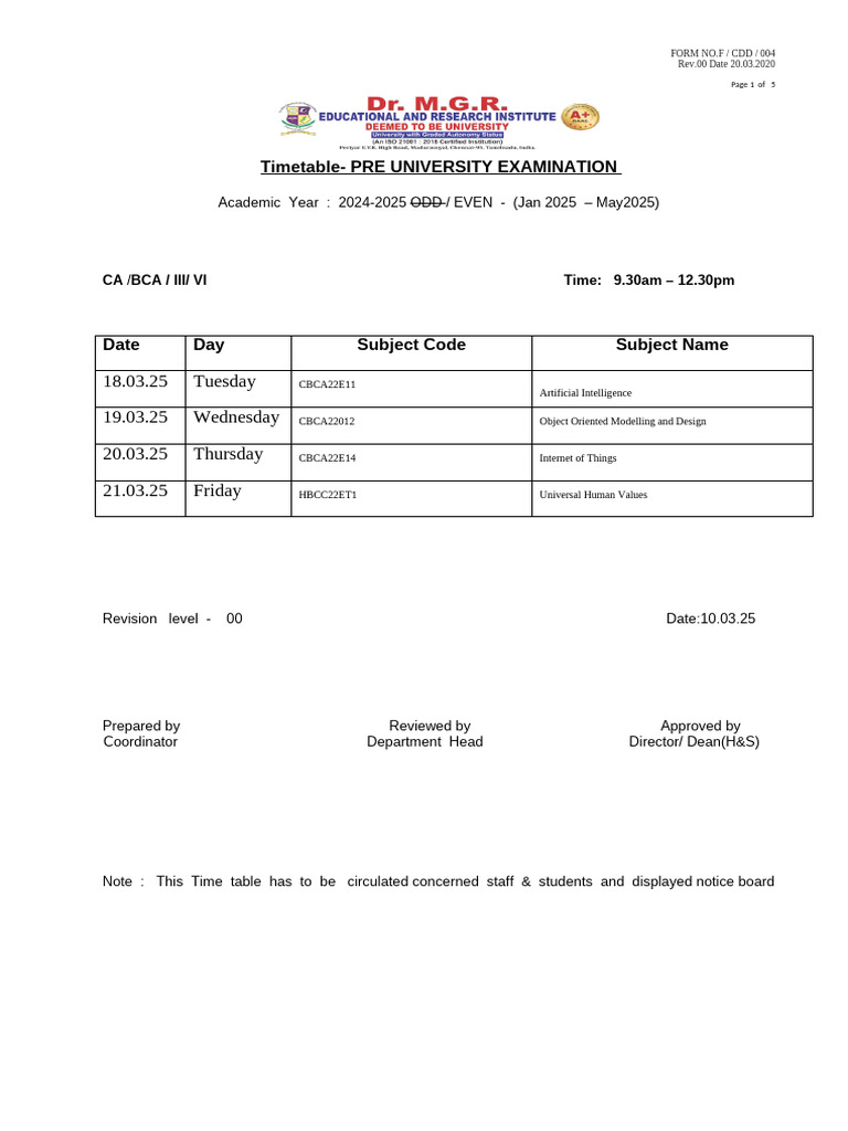 Third Year PreUniversity Time Table (Mar 10-03-25) | PDF