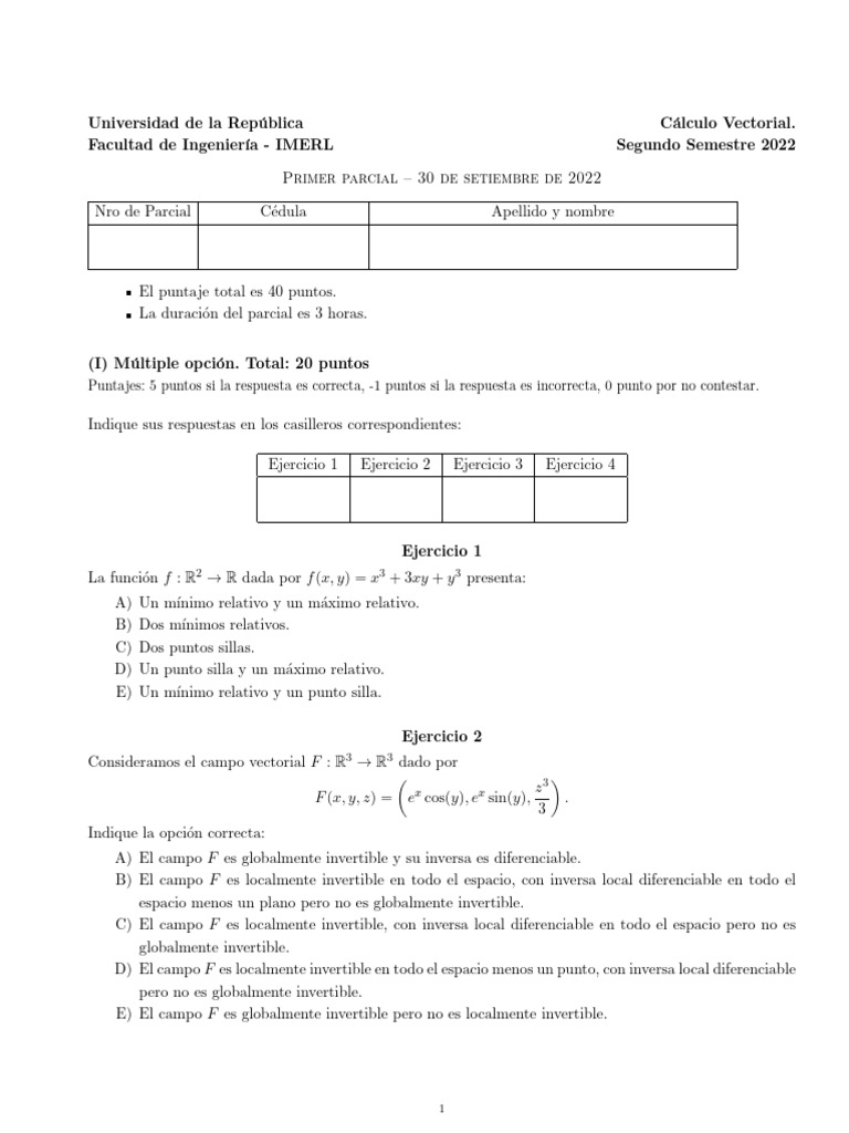Primer Parcial - 2do Semestre 2022 | PDF | Curva | Cálculo