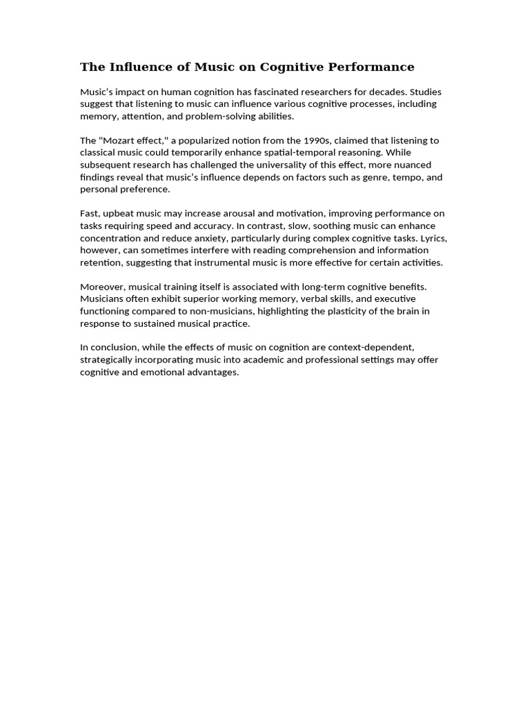 Music's Impact on Cognitive Performance | PDF