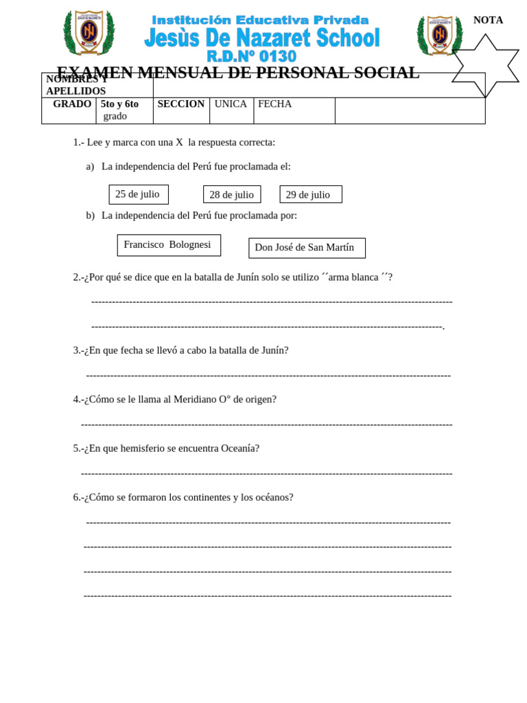 Examen Mensual de Personal Social Sexto | PDF