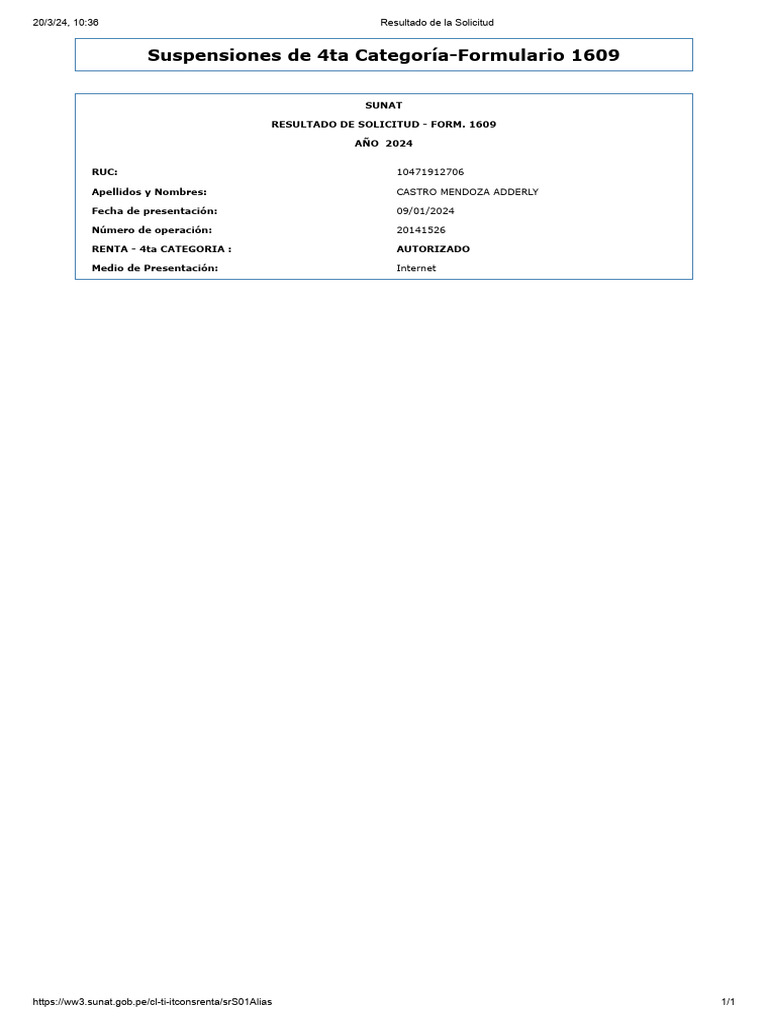 Resultado Solicitud Formulario 1609 SUNAT | PDF