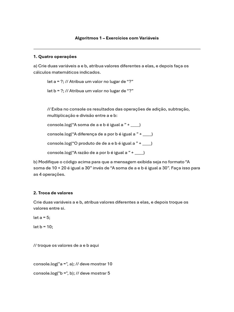 Exercícios de Algoritmos com Variáveis | PDF