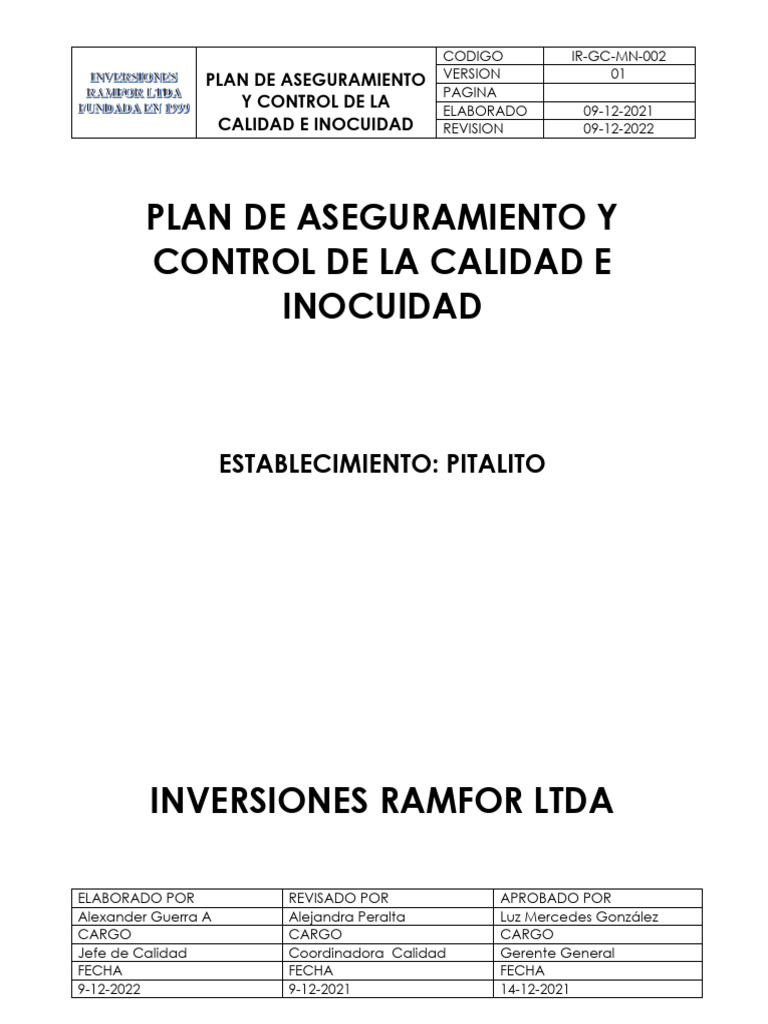 Plan de Aseguramiento y Control de La Calidad e Inocuidad, Pitalito ...