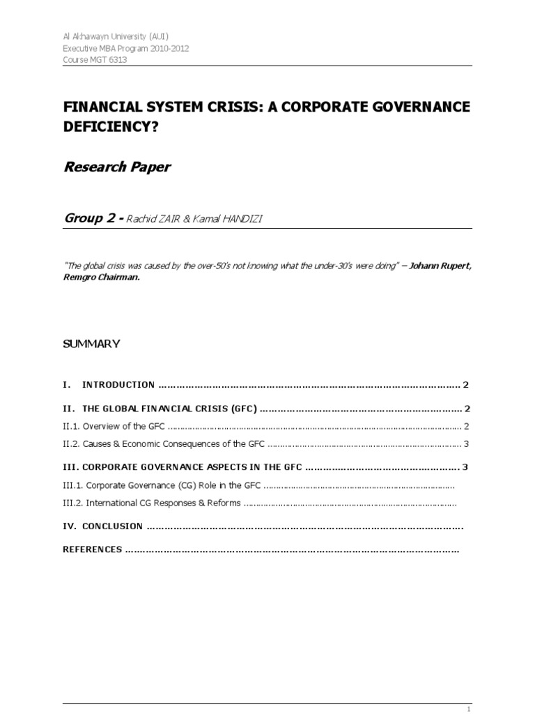 Corporate Governance and the GFC Analysis | PDF | Financial Crisis Of ...