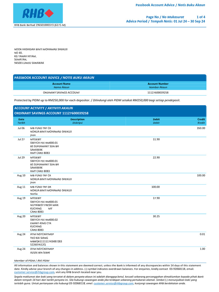 RHB Passbook Account Activity Summary | PDF | Savings Account ...