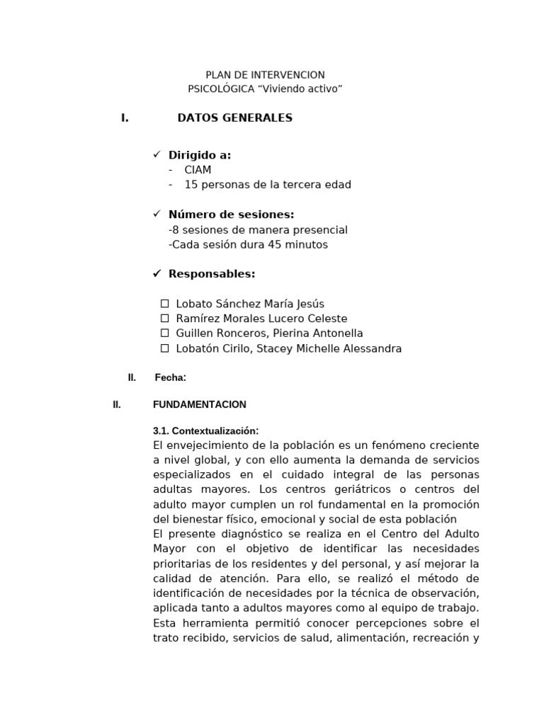 Plan de Intervención para Adultos Mayores | PDF | Vejez | Sicología