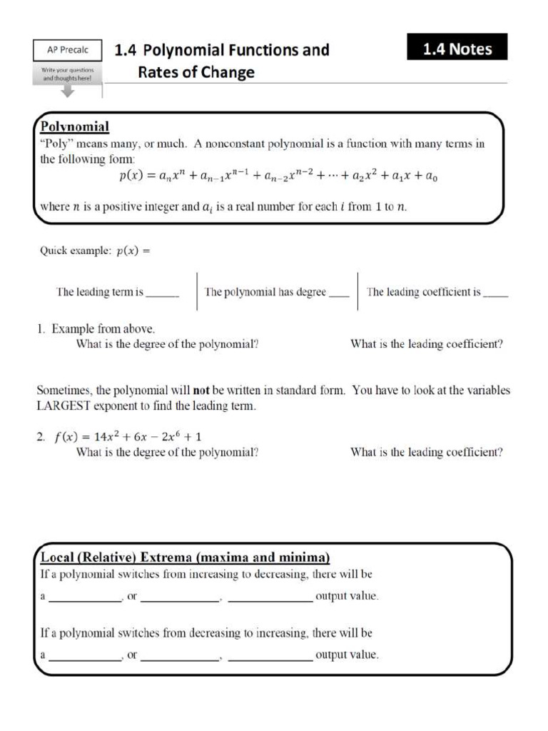 1.4 Polynomial Functions and Rates of Change - For Print (08-28-23) | PDF