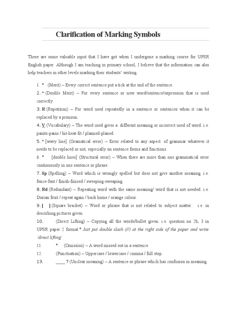 English Marking Symbols for Teachers | PDF | Sentence (Linguistics ...