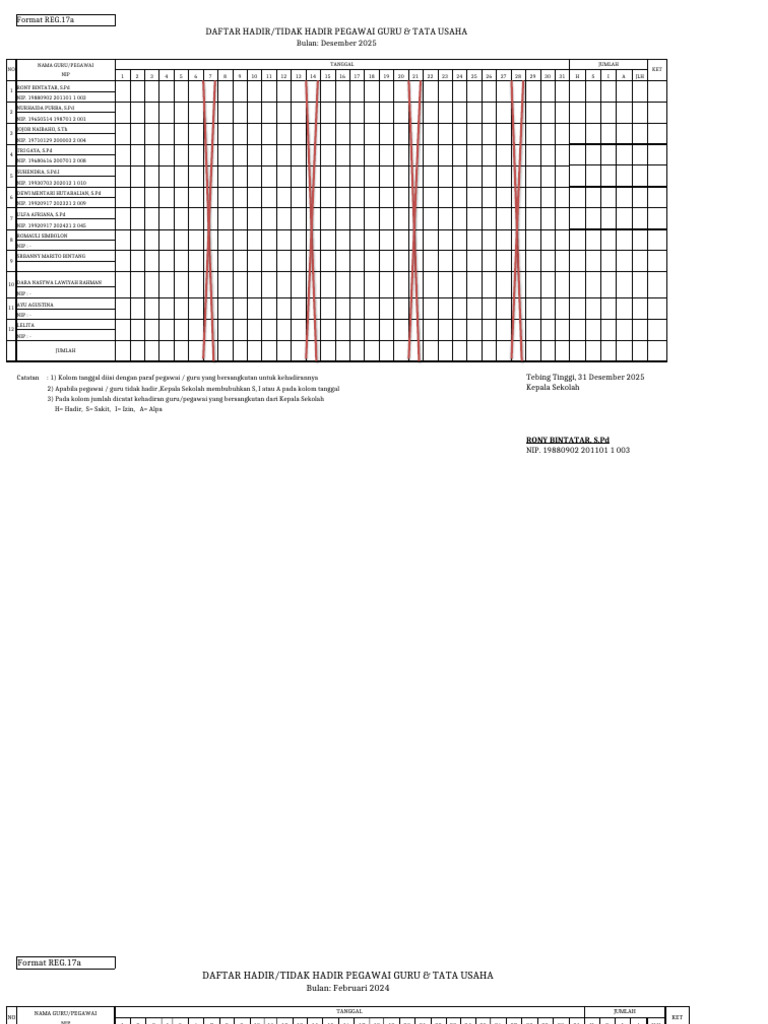 Format Daftar Hadir Guru Bulanan | PDF