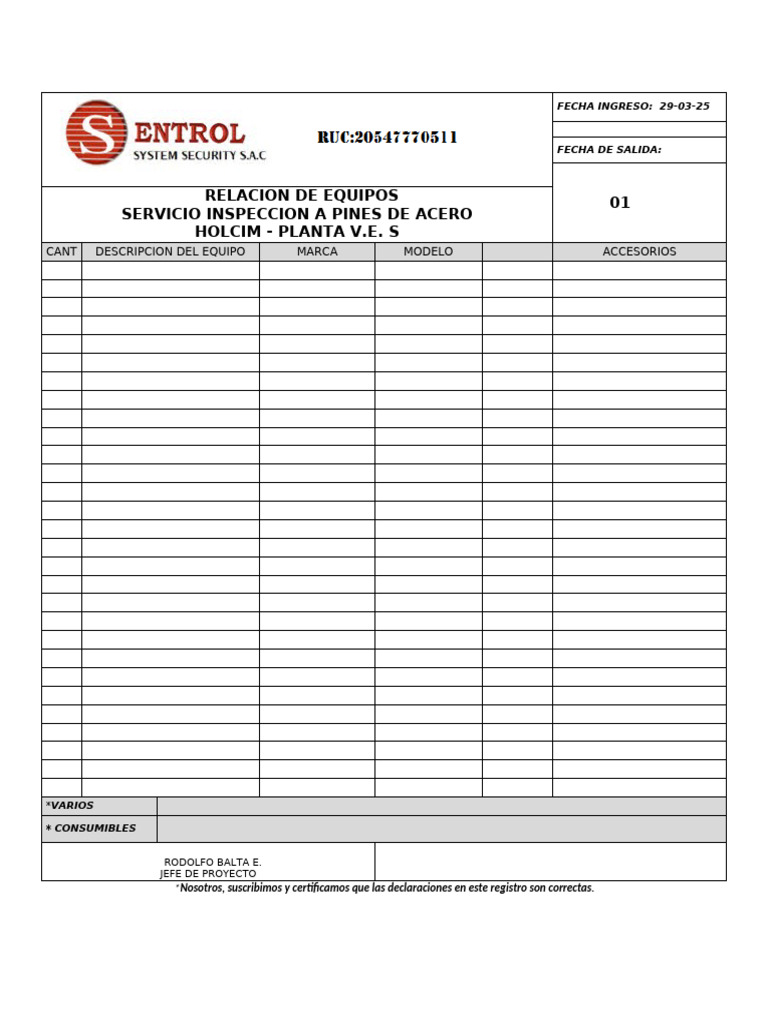 SENTROL Relacion de Equipos | PDF