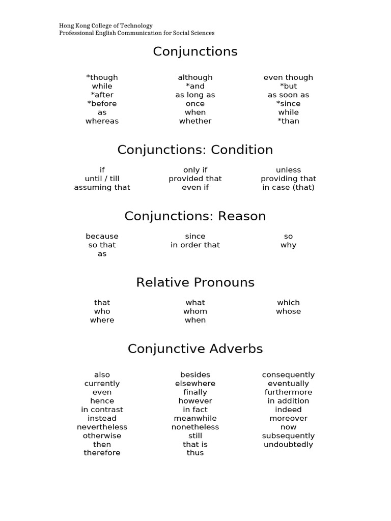 Essential Conjunctions and Pronouns Guide | PDF