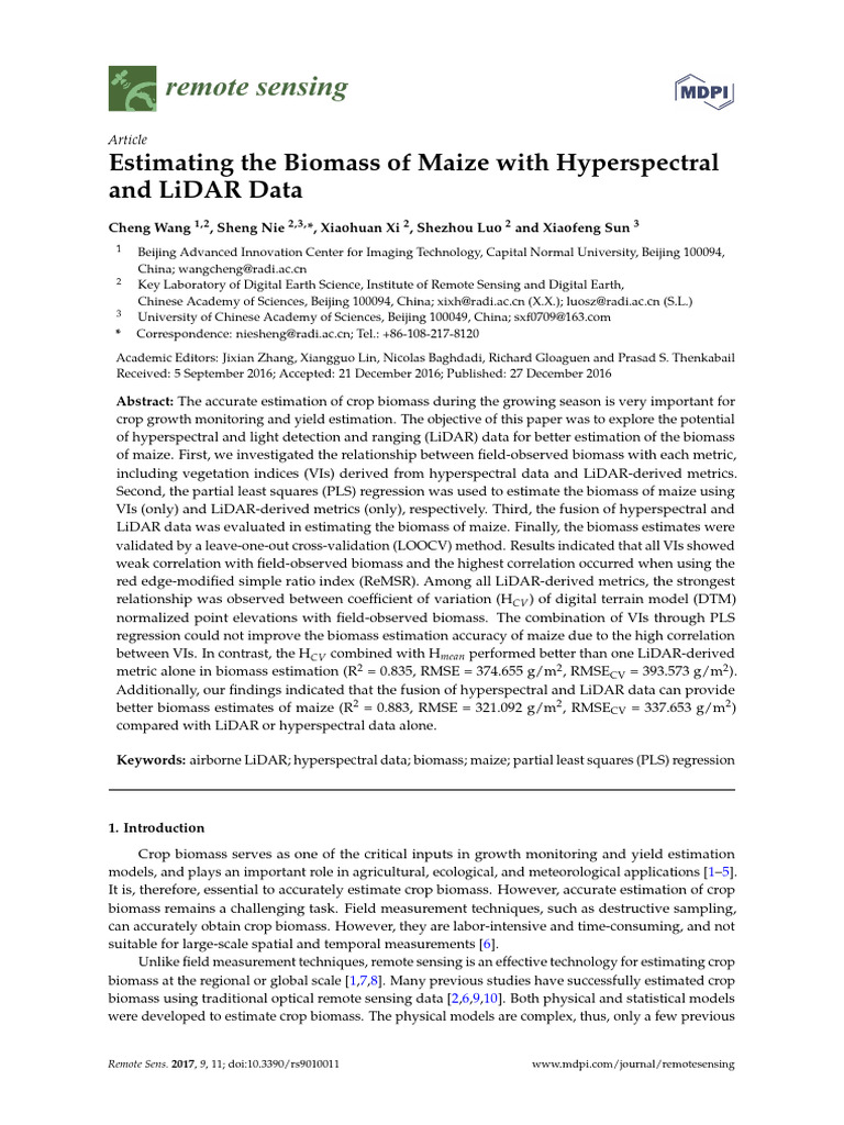 Maize Biomass Estimation Using LiDAR and Hyperspectral Data | PDF ...