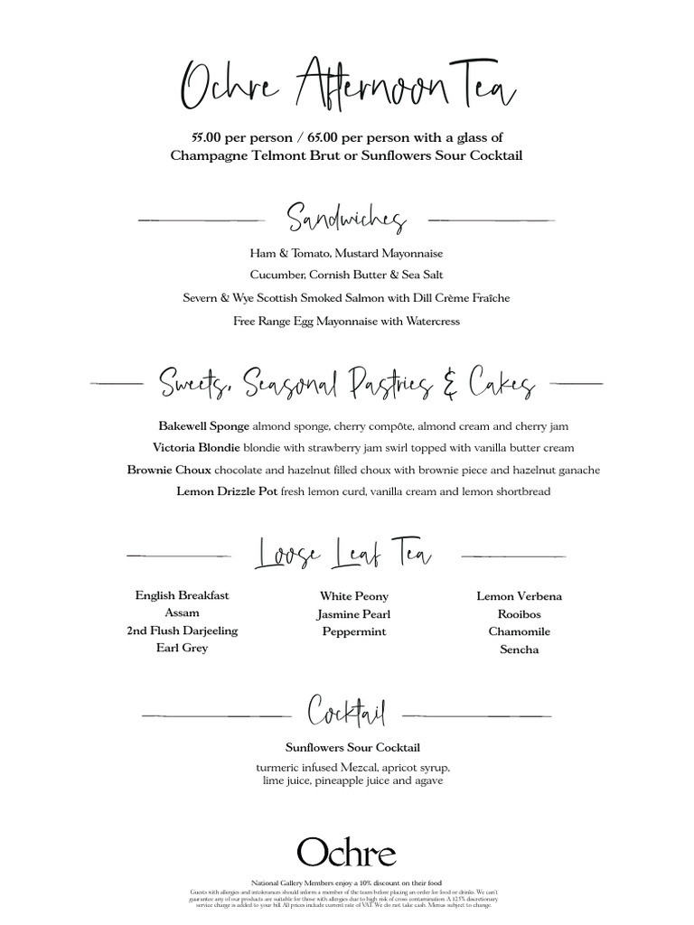 Ochre Afternoon Tea Menu & Prices | PDF