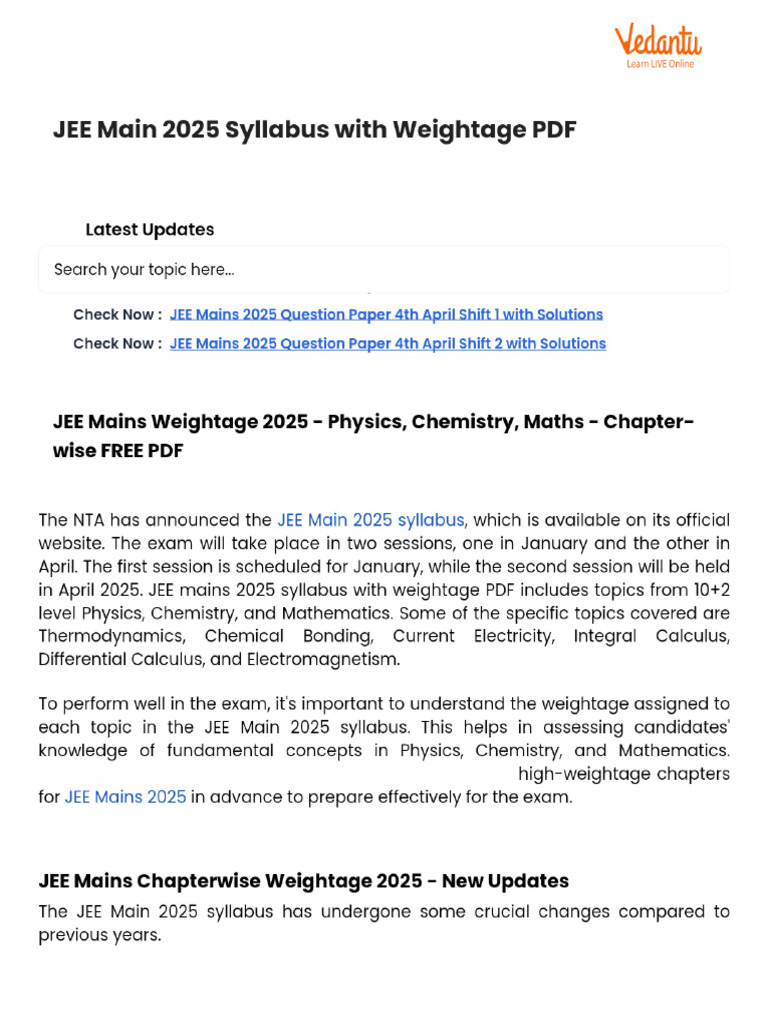 JEE Main 2025 Syllabus With Weightage PDF | PDF