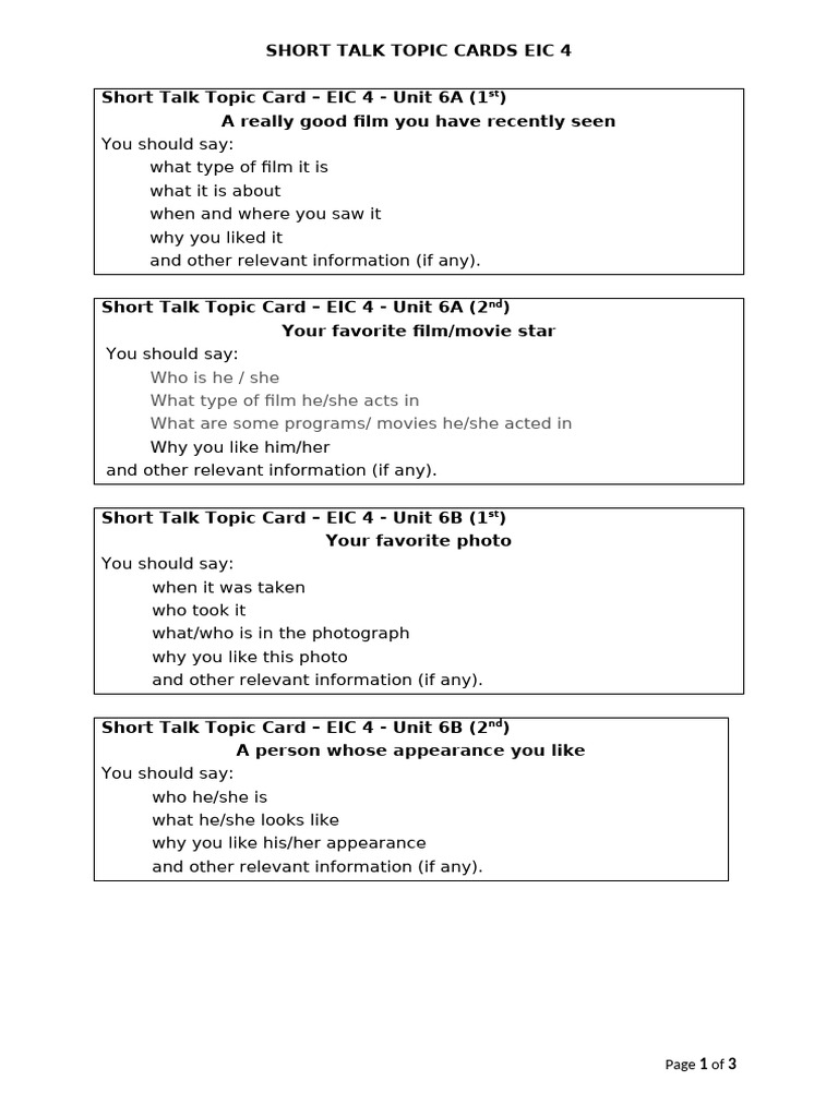 EIC Short Talk Topic Cards | PDF