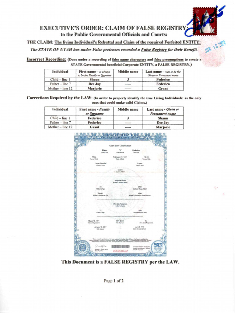 Executive Order Claim of False Registry Birth Cert | PDF