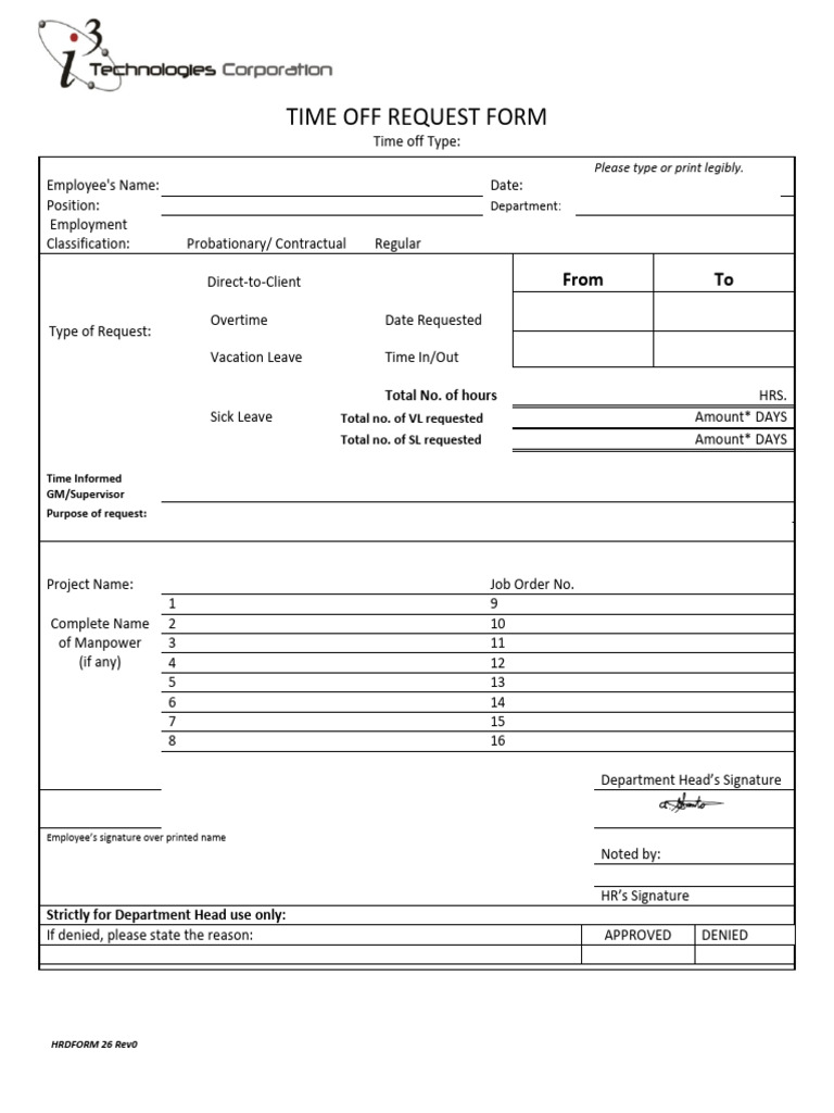 Time Off Request Form Template | PDF | Leave Of Absence | Labour Law