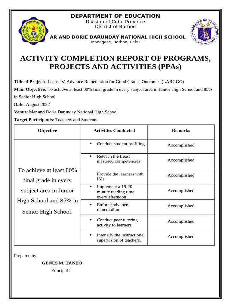 Activity Completion Report for DepEd Programs | PDF | Learning ...
