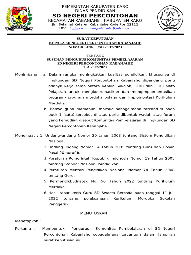 Susunan Pengurus Komunitas Pembelajaran SD Percontohan Kabanjahe | PDF