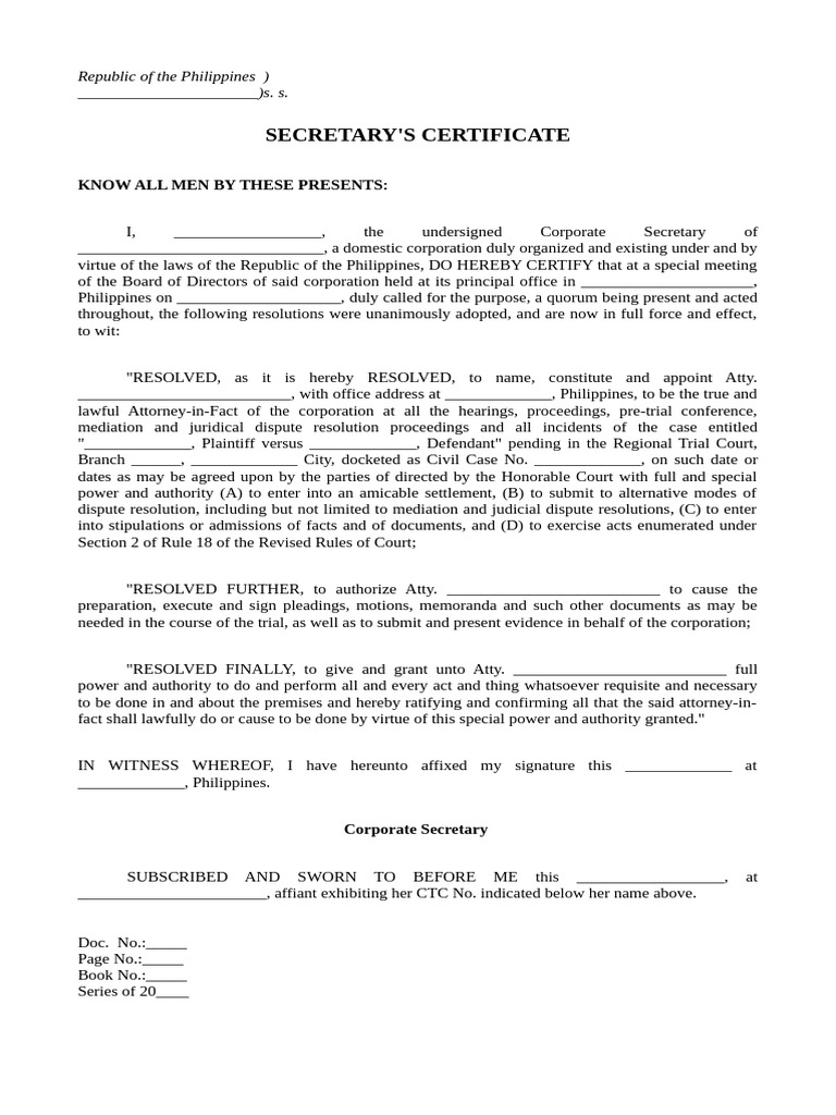 A Secretary's Certificate | PDF | Trials | Lawsuit