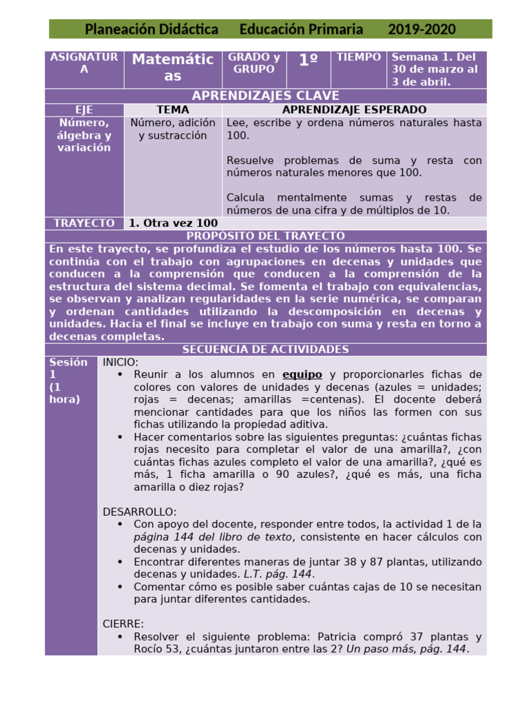 Planeación Didáctica Matemáticas 1º Primaria | PDF | Sustracción ...