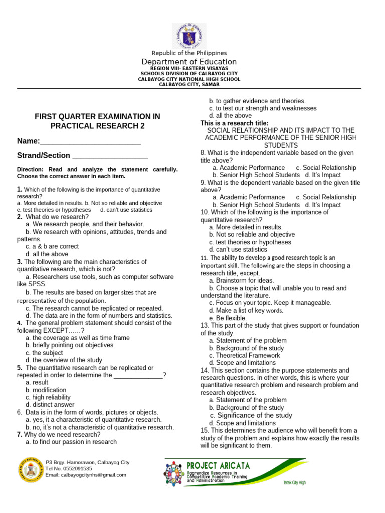 1st QUarter TEST-IN-PRACTICAL-RESEARCH-2 | PDF | Quantitative Research ...