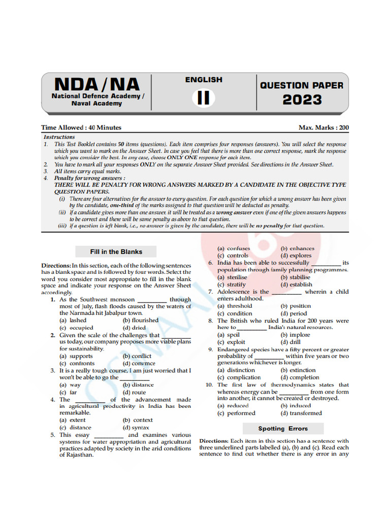 NDA English Paper-2 2023 | PDF
