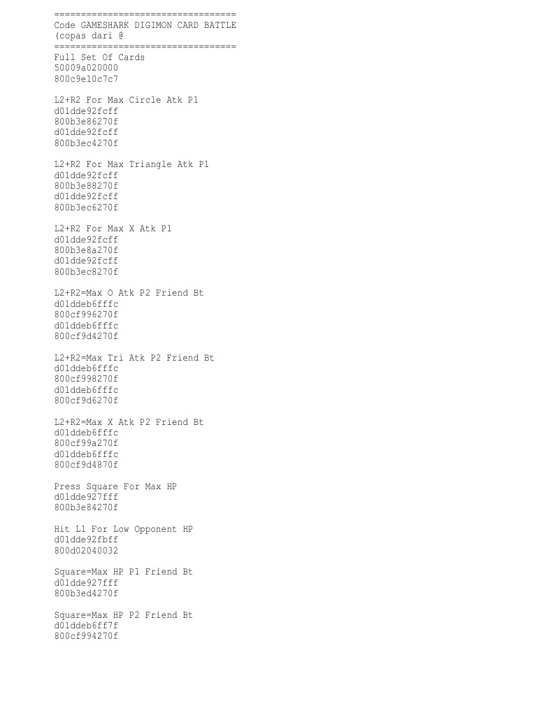 Digimon Card Battle Gameshark Codes | PDF