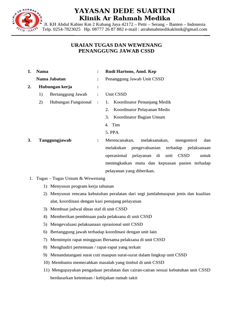 Tugas Penanggung Jawab CSSD Klinik Ar Rahmah | PDF