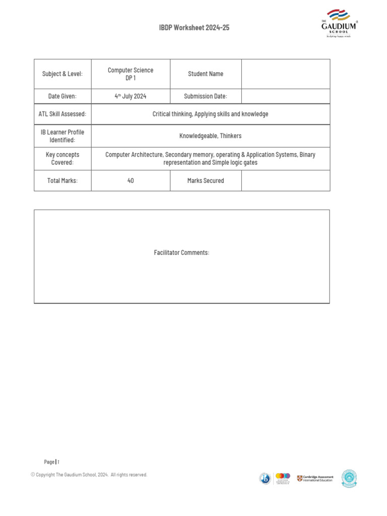 IBDP Computer Science Worksheet 2024-25 | PDF | Central Processing Unit ...