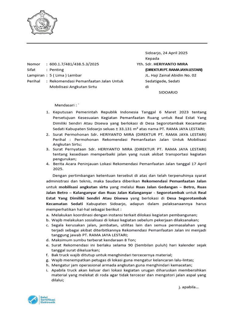 Rekomendasi Pemanfaatan Jalan Sidoarjo | PDF