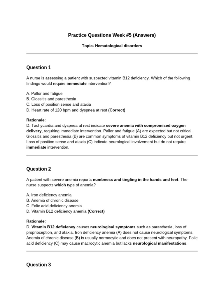 Hematological Disorders Practice Questions | PDF | Anemia | Paresthesia