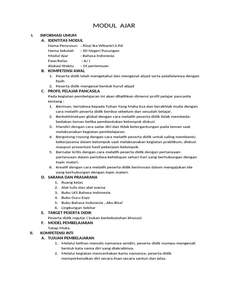 Modul Ajar Bahasa Indonesia SD Kelas 1 | PDF